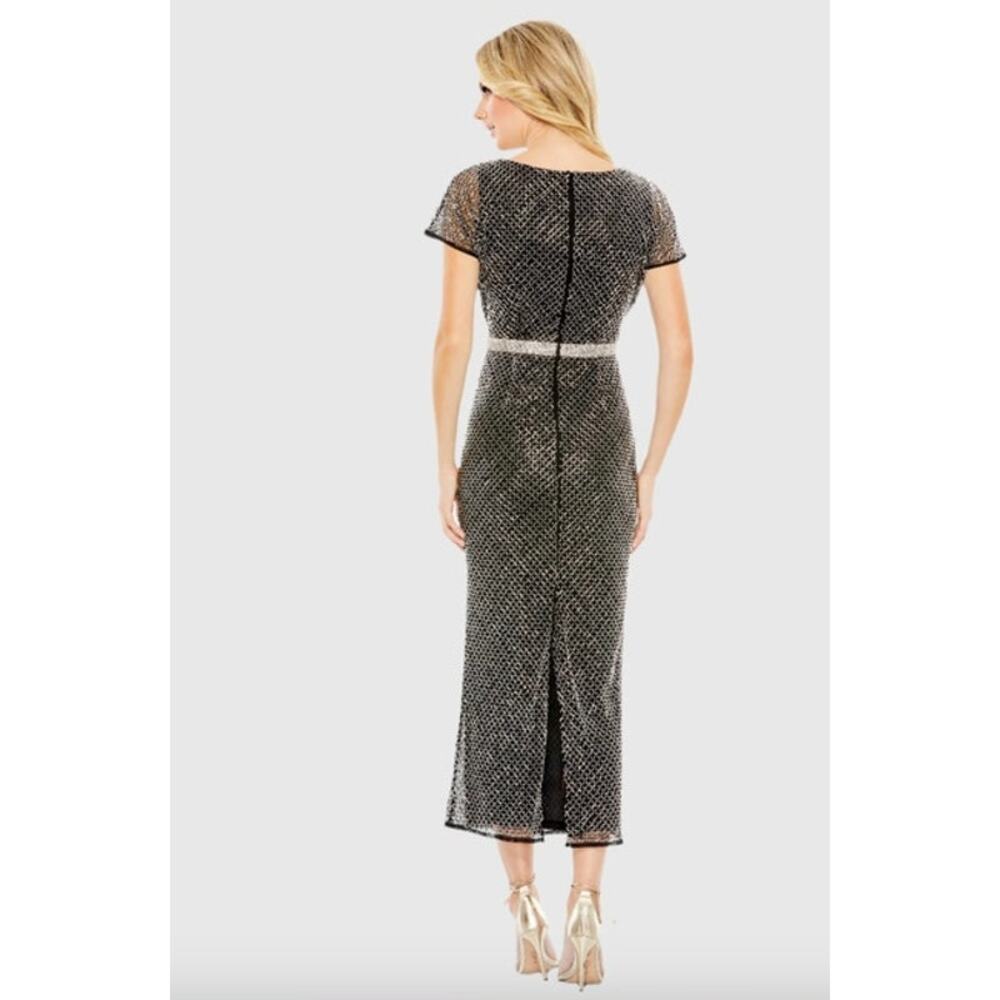 MAC DUGGAL Dress Size 4 Evening Gown Black Midi Beaded NEW Short Sleeve Silver - Picture 2 of 5